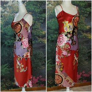 Natori Red Floral Satin Slip Chemise with Purple and Pink Accents